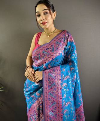 blue satin silk blend zari woven saree with unstitched blouse piece. 1