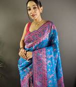 blue satin silk blend zari woven saree with unstitched blouse piece.