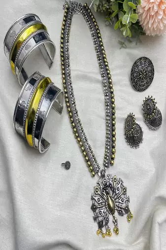 Dual tone oxidized german silver necklace set with peacock pendant,boho choker