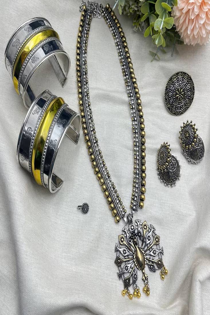 Dual tone oxidized german silver necklace set with peacock pendant,boho choker