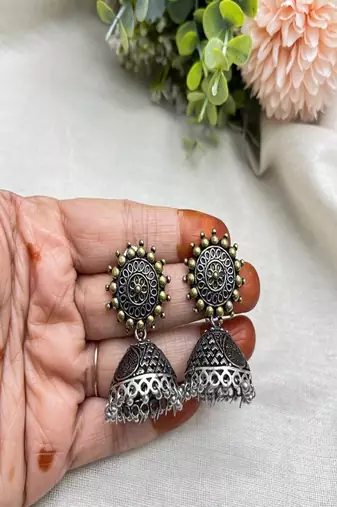 Dual tone oxidized german silver necklace set with peacock pendant,boho choker