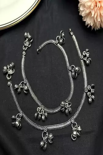 Handcrafted ghungroo silver plated anklets, oxidised brass payal with bells