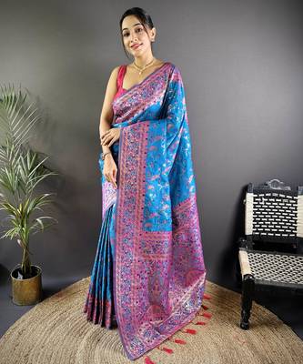 blue satin silk blend zari woven saree with unstitched blouse piece. 2