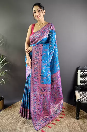 blue satin silk blend zari woven saree with unstitched blouse piece.