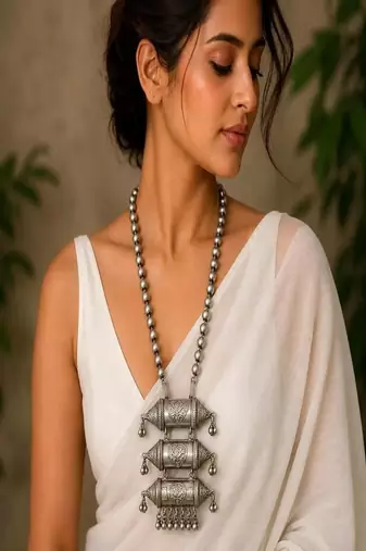 Oxidized silver statement necklace, handcrafted tribal dholki pendant