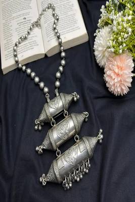 Oxidized silver statement necklace, handcrafted tribal dholki pendant 2