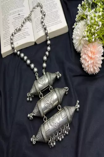 Oxidized silver statement necklace, handcrafted tribal dholki pendant