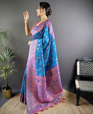 blue satin silk blend zari woven saree with unstitched blouse piece. 3