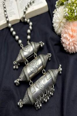 Oxidized silver statement necklace, handcrafted tribal dholki pendant 3