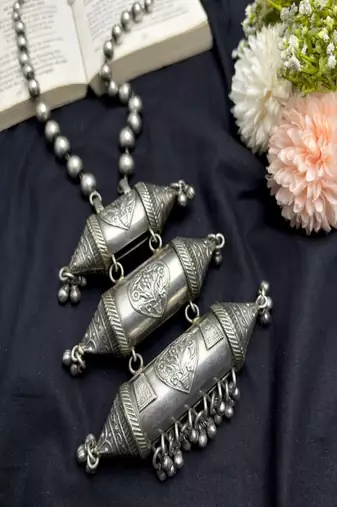 Oxidized silver statement necklace, handcrafted tribal dholki pendant