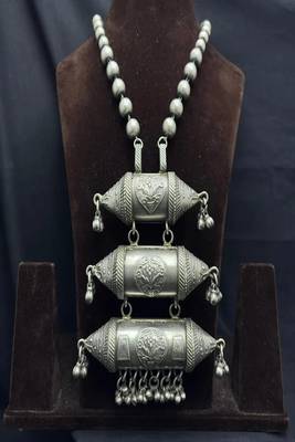 Oxidized silver statement necklace, handcrafted tribal dholki pendant 4