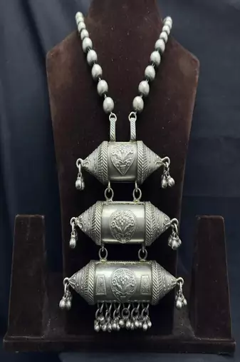 Oxidized silver statement necklace, handcrafted tribal dholki pendant