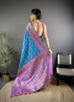 blue satin silk blend zari woven saree with unstitched blouse piece. 4