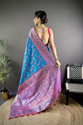 blue satin silk blend zari woven saree with unstitched blouse piece.