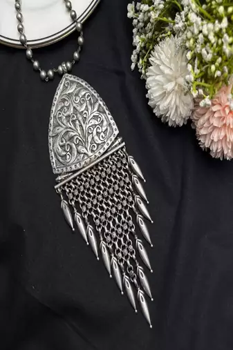 Vintage tribal statement necklace, oxidized silver boho pendant necklace