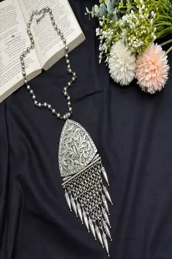 Vintage tribal statement necklace, oxidized silver boho pendant necklace
