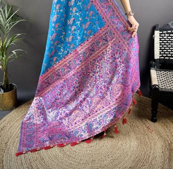 blue satin silk blend zari woven saree with unstitched blouse piece. 5
