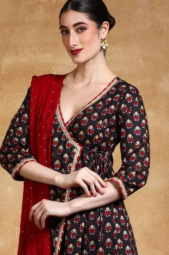 Women V-Neck Floral Printed Angrakha Kurta with Trousers & Dupatta
