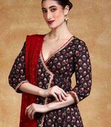 Women V-Neck Floral Printed Angrakha Kurta with Trousers & Dupatta