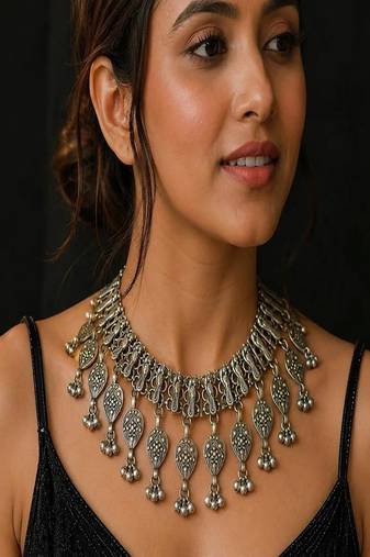 Vintage tribal silver statement necklace, boho gypsy choker necklace