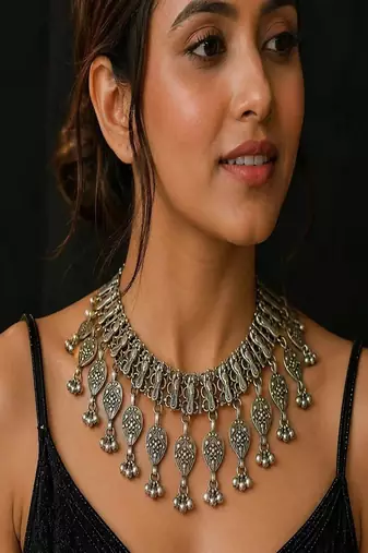 Vintage tribal silver statement necklace, boho gypsy choker necklace