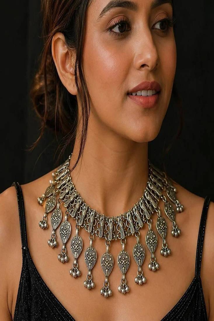 Vintage tribal silver statement necklace, boho gypsy choker necklace
