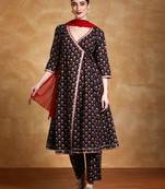 Women V-Neck Floral Printed Angrakha Kurta with Trousers & Dupatta