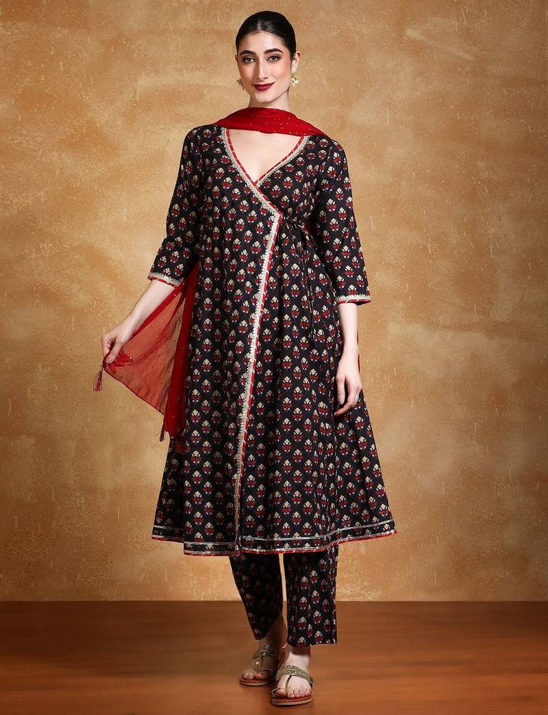 Women V-Neck Floral Printed Angrakha Kurta with Trousers & Dupatta