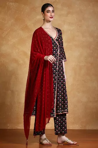 Women V-Neck Floral Printed Angrakha Kurta with Trousers & Dupatta