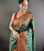 green satin silk blend zari woven saree with unstitched blouse piece.