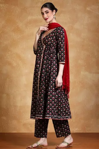 Women V-Neck Floral Printed Angrakha Kurta with Trousers & Dupatta