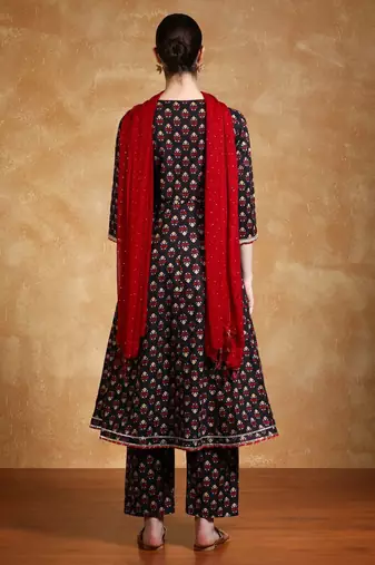 Women V-Neck Floral Printed Angrakha Kurta with Trousers & Dupatta