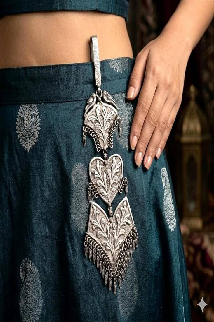 Oxidized silver kamar kandora, saree chabi challa, handmade indian satka waist keychai