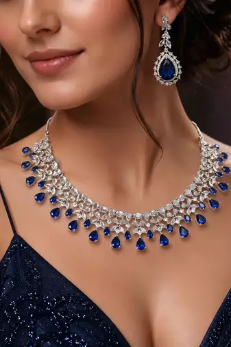 Royal Blue Teardrop Crystal Bridal Necklace Earrings Set, Silver CZ Wedding Jewelry