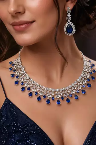 Royal Blue Teardrop Crystal Bridal Necklace Earrings Set, Silver CZ Wedding Jewelry