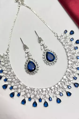 Royal Blue Teardrop Crystal Bridal Necklace Earrings Set, Silver CZ Wedding Jewelry