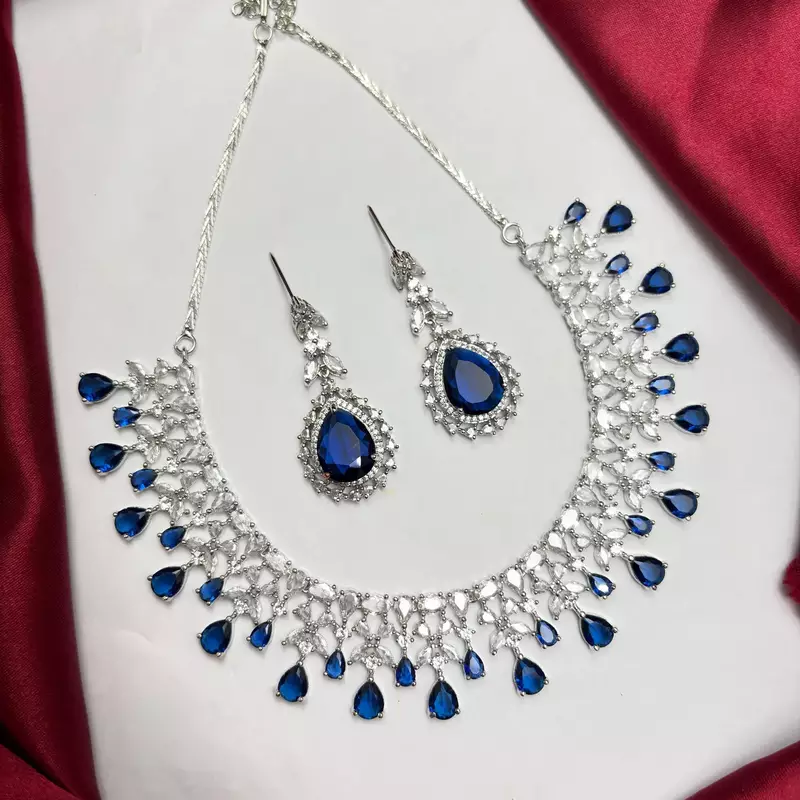 Royal Blue Teardrop Crystal Bridal Necklace Earrings Set, Silver CZ Wedding Jewelry