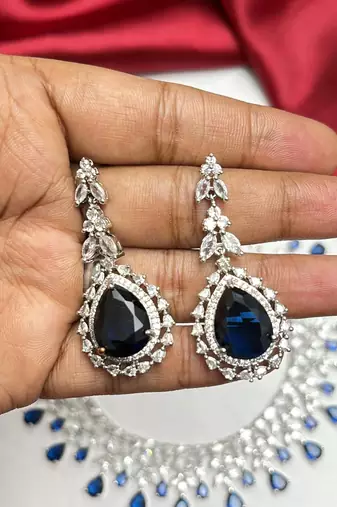Royal Blue Teardrop Crystal Bridal Necklace Earrings Set, Silver CZ Wedding Jewelry