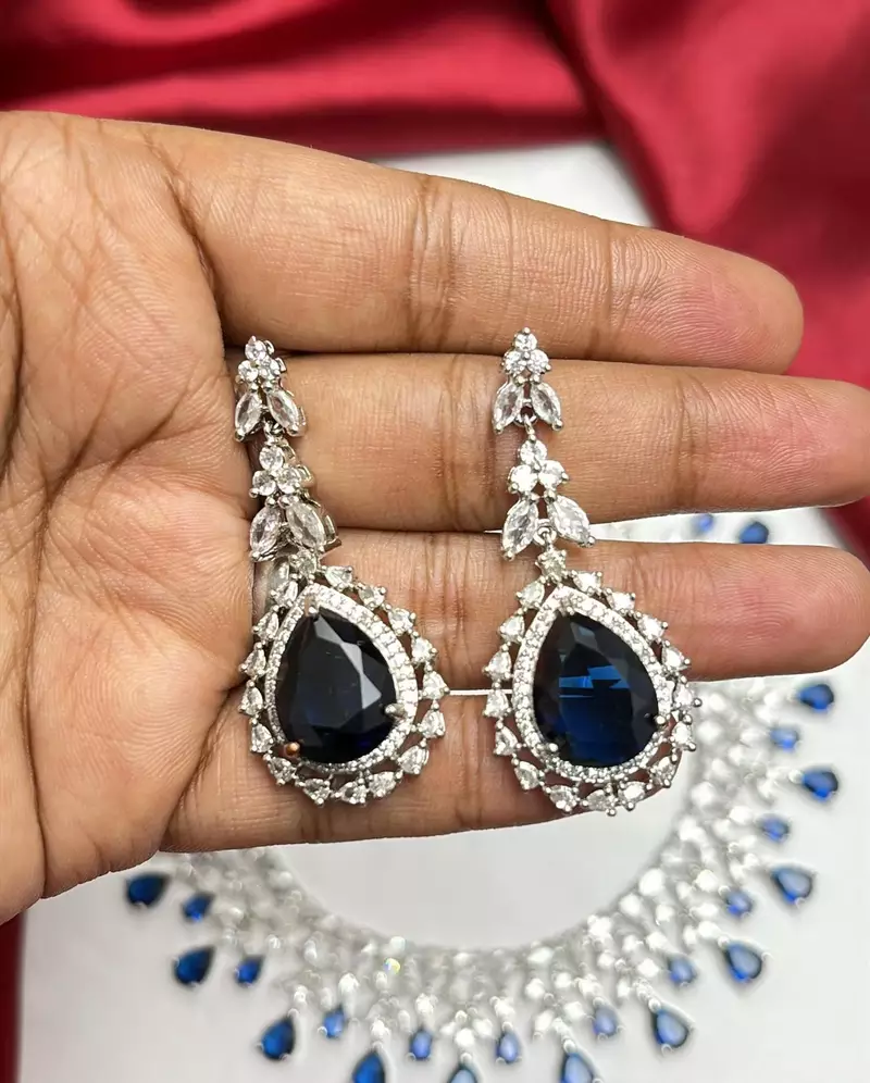 Royal Blue Teardrop Crystal Bridal Necklace Earrings Set, Silver CZ Wedding Jewelry