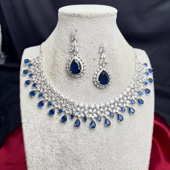 Royal Blue Teardrop Crystal Bridal Necklace Earrings Set, Silver CZ Wedding Jewelry 4