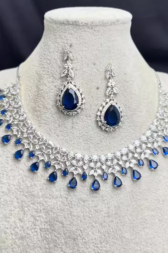 Royal Blue Teardrop Crystal Bridal Necklace Earrings Set, Silver CZ Wedding Jewelry