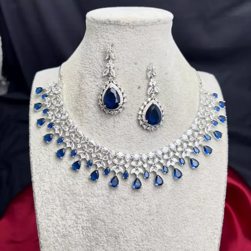 Royal Blue Teardrop Crystal Bridal Necklace Earrings Set, Silver CZ Wedding Jewelry
