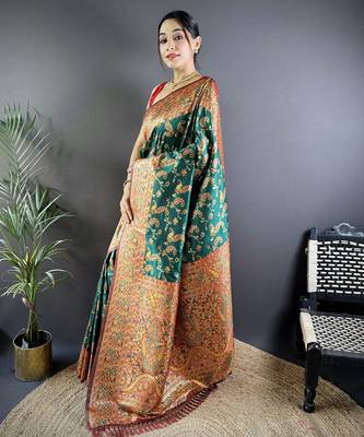 green satin silk blend zari woven saree with unstitched blouse piece. 3