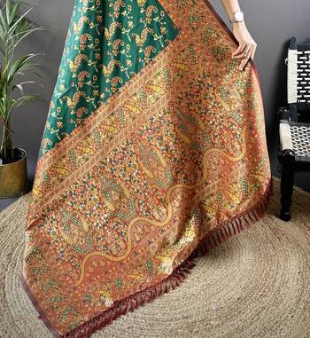 green satin silk blend zari woven saree with unstitched blouse piece. 5