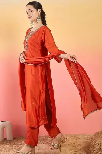 Women Ethnic Motifs Embroidered Regular Kurta with Trousers & Dupatta