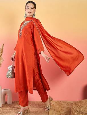 Women Ethnic Motifs Embroidered Regular Kurta with Trousers & Dupatta 4