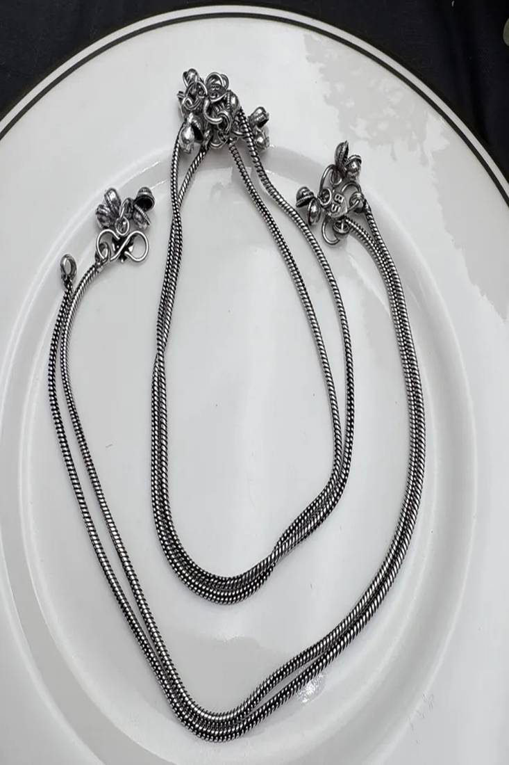 Double snake chain silver anklet with bells | indian payal pair | ethnic beach anklet