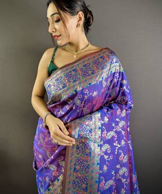 purple satin silk blend zari woven saree with unstitched blouse piece. 1