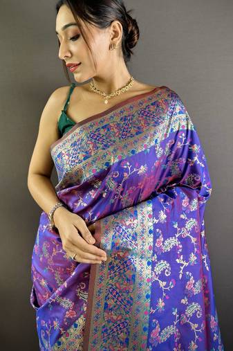 purple satin silk blend zari woven saree with unstitched blouse piece.