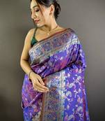 purple satin silk blend zari woven saree with unstitched blouse piece.